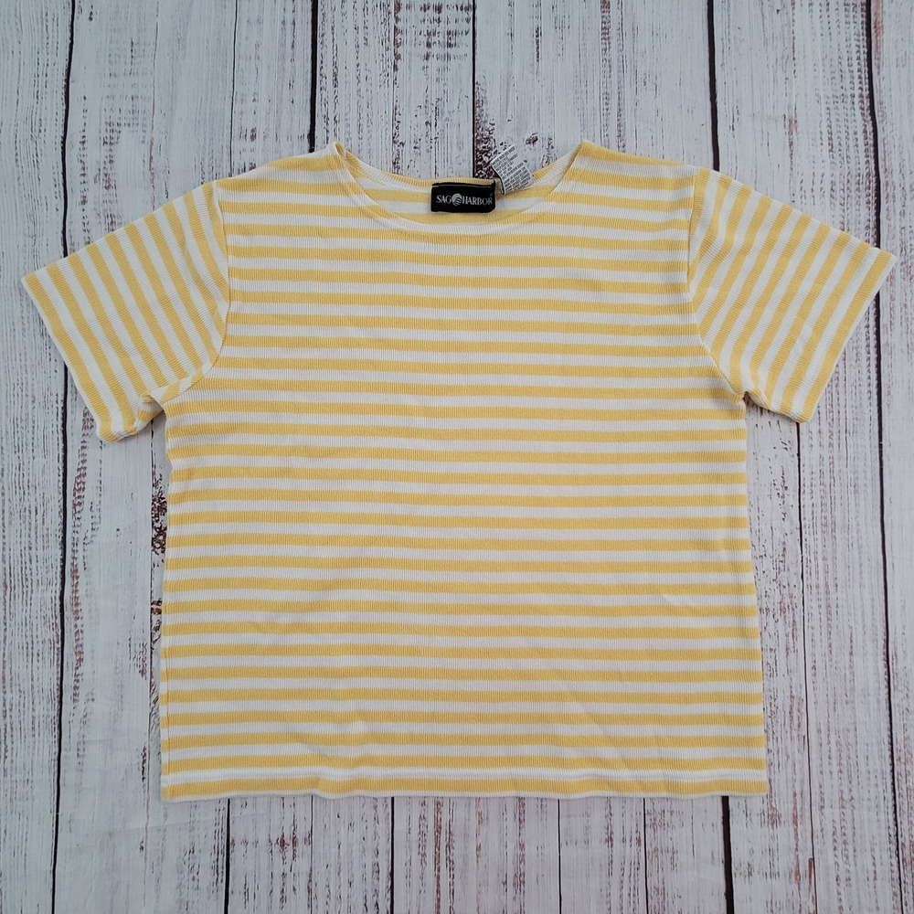 Sag Harbor Yellow White Striped Short Sleeve Knit Pullover Top Women's M